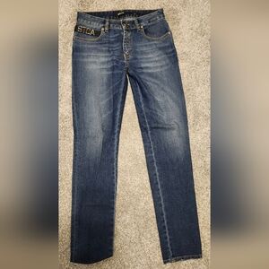 Just Cavalli $328 Straight Leg Dark Wash Jeans Size 27 Blue Front Chrome Logo